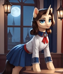Size: 1097x1280 | Tagged: safe, imported from twibooru, pony, unicorn, ai generated, bioshock, clothes, elizabeth comstock, female, horn, image, looking at you, needs more jpeg, prompter:midnightdashie, solo, solo female, tail