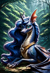 Size: 1664x2432 | Tagged: safe, imported from derpibooru, princess luna, alicorn, dragon, ai content, ai generated, blue mane, bust, dragoness, dragonified, ethereal mane, female, forest background, generator:stable diffusion, jewelry, looking at you, lunadragon, lying down, on side, portrait, regalia, scales, solo, species swap, two toned mane