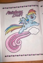 Size: 750x1109 | Tagged: safe, artist:lullapiies, imported from derpibooru, rainbow dash, pegasus, pony, cloud, coloring page, flying, heart, open mouth, open smile, smiling, solo, traditional art, wings