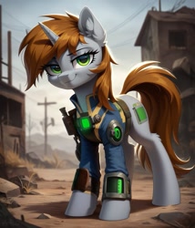 Size: 1097x1280 | Tagged: safe, imported from twibooru, oc, oc:littlepip, pony, unicorn, fallout equestria, female, horn, image, looking at you, needs more jpeg, pipbuck, prompter:midnightdashie, smiling, smirk, solo, solo female