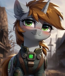 Size: 1097x1280 | Tagged: safe, imported from twibooru, oc, oc:littlepip, pony, unicorn, fallout equestria, blushing, female, horn, image, looking at you, needs more jpeg, prompter:midnightdashie, smiling at you, solo, solo female