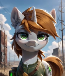 Size: 1097x1280 | Tagged: safe, imported from twibooru, oc, oc:littlepip, pony, unicorn, fallout equestria, female, horn, image, looking at you, needs more jpeg, pipbuck, prompter:midnightdashie, smiling at you, solo, solo female