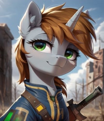 Size: 1097x1280 | Tagged: safe, imported from twibooru, oc, oc:littlepip, pony, unicorn, fallout equestria, female, horn, image, needs more jpeg, prompter:midnightdashie, solo, solo female, weapon