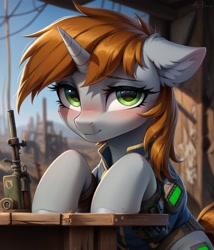 Size: 1097x1280 | Tagged: safe, imported from twibooru, oc, oc:littlepip, pony, unicorn, fallout equestria, blushing, female, horn, image, looking at you, needs more jpeg, pipbuck, prompter:midnightdashie, smiling at you, solo, solo female