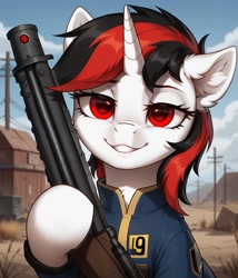 Size: 1097x1280 | Tagged: safe, imported from twibooru, oc, oc:blackjack, pony, unicorn, fallout equestria, fallout equestria: project horizons, fanfic art, female, horn, image, looking at you, needs more jpeg, prompter:midnightdashie, smiling, smirk, solo, solo female, weapon