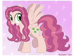Size: 1499x1148 | Tagged: safe, artist:lullapiies, imported from derpibooru, oc, oc only, oc:lullapie, pegasus, pony, female, gradient background, mare, smiling, solo, spread wings, wings