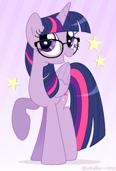 Size: 714x1050 | Tagged: safe, artist:lullapiies, imported from derpibooru, twilight sparkle, alicorn, pony, female, folded wings, glasses, gradient background, mare, raised hoof, smiling, solo, twilight sparkle (alicorn), wings