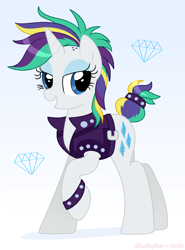 Size: 784x1058 | Tagged: safe, artist:lullapiies, imported from derpibooru, rarity, pony, unicorn, alternate hairstyle, bracelet, clothes, diamond, female, gradient background, horn, jewelry, mare, punk, raised hoof, raripunk, smiling, solo, studded bracelet