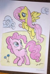 Size: 646x963 | Tagged: safe, artist:lullapiies, imported from derpibooru, fluttershy, pinkie pie, earth pony, pegasus, pony, cloud, coloring page, female, flower, flying, looking at each other, looking at someone, mare, smiling, smiling at each other, traditional art, wings