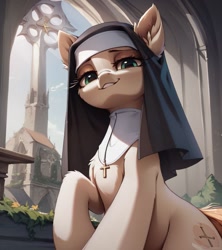 Size: 1137x1280 | Tagged: safe, imported from twibooru, earth pony, pony, bedroom eyes, female, image, looking at you, needs more jpeg, nun, prompter:midnightdashie, smiling, smirk, solo, solo female