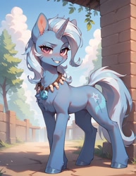 Size: 987x1280 | Tagged: safe, imported from twibooru, trixie, pony, unicorn, blushing, female, horn, image, looking at you, needs more jpeg, prompter:midnightdashie, smiling, smirk, solo, solo female