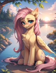Size: 987x1280 | Tagged: safe, imported from twibooru, fluttershy, pegasus, pony, blushing, female, image, looking at you, needs more jpeg, prompter:midnightdashie, smiling at you, solo, solo female, wings