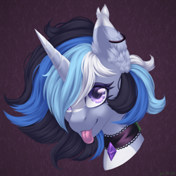 Size: 2500x2500 | Tagged: safe, artist:n3tt0l, imported from derpibooru, oc, oc only, pony, unicorn, bust, choker, ear fluff, ear piercing, earring, horn, jewelry, long horn, looking at you, piercing, portrait, purple eyes, shiny eyes, short hair, smiling, smiling at you, solo, tongue out