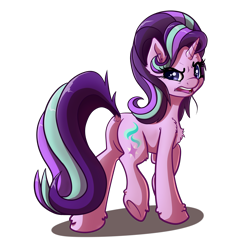 Size: 4000x4000 | Tagged: safe, artist:witchtaunter, imported from derpibooru, starlight glimmer, pony, unicorn, absurd resolution, butt, chest fluff, disgusted, dock, ear fluff, eye clipping through hair, featureless crotch, female, fluffy, frown, glimmer glutes, horn, looking at you, looking back, looking back at you, mare, open mouth, plot, raised hoof, raised leg, raised tail, shoulder fluff, simple background, solo, standing on two hooves, tail, three quarter view, transparent background, underhoof
