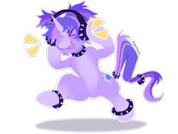 Size: 3000x2250 | Tagged: safe, alternate version, artist:kaijulii, imported from derpibooru, oc, oc only, pony, unicorn, belly, bipedal, choker, collar, commission, dancing, eyes closed, headphones, horn, lineless, listening to music, multicolored hair, multicolored mane, multicolored tail, open mouth, pale belly, pigtails, punk, purple coat, purple fur, purple mane, raised hoof, shadow, signature, simple background, solo, spiked choker, spiked collar, standing, standing on two hooves, standing up, stomp, stomping, tail, tail accessory, transparent background, twintails, two toned coat, unicorn oc, x3, xd