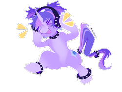 Size: 3000x2250 | Tagged: safe, alternate version, artist:kaijulii, imported from derpibooru, oc, oc only, unicorn, choker, collar, commission, dancing, headphones, horn, multicolored tail, pale belly, pigtails, punk, purple coat, purple fur, purple mane, raised hoof, simple background, solo, spiked choker, spiked collar, standing, standing on two hooves, standing up, stomp, stomping, tail, tail accessory, transparent background, twintails, two toned coat, unicorn oc, x3, xd