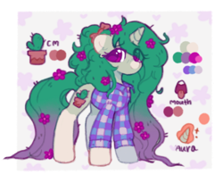 Size: 630x517 | Tagged: safe, artist:flixanoa, imported from derpibooru, oc, oc only, oc:cactus pony, pony, unicorn, border, bow, clothes, coat markings, color palette, colored eartips, colored muzzle, eye clipping through hair, eyebrows, eyebrows visible through hair, flannel shirt, flower, flower in hair, flower in tail, glowing, glowing horn, gradient mane, gradient tail, green coat, hair bow, horn, impossibly long mane, impossibly long tail, lidded eyes, long mane, long tail, magic, open mouth, patterned background, ponytail, purple eyes, reference sheet, shiny eyes, shirt, smiiling, smiling, socks (coat markings), standing, tail, tied mane, tongue out, two toned mane, two toned tail, unicorn horn, unicorn oc, wingding eyes