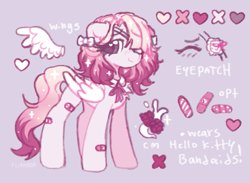 Size: 619x453 | Tagged: safe, artist:flixanoa, imported from derpibooru, oc, oc only, oc:raspberry puree, pegasus, pony, bandage, bandaged eye, bandaid, bow, coat markings, color palette, colored muzzle, colored pinnae, colored wings, ear fluff, eye clipping through hair, female, floppy ears, folded wings, gray coat, hair bow, heart, heart eyes, lidded eyes, long mane, long tail, mare, pegasus oc, ponysona, purple background, purple eyes, reference sheet, simple background, socks (coat markings), solo, sparkly mane, sparkly tail, spread wings, tail, text, two toned mane, two toned tail, wavy mane, wavy tail, white bow, white text, wingding eyes, wings