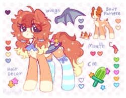 Size: 591x456 | Tagged: safe, artist:flixanoa, imported from derpibooru, oc, oc only, unnamed oc, bat pony, pony, ahoge, bat pony oc, bat wings, blaze (coat marking), blue text, blushing, brown coat, checkered background, chest fluff, clothes, coat markings, color palette, colored belly, colored muzzle, colored wings, curly mane, curly tail, ear fluff, eye clipping through hair, eyelashes, facial markings, folded wings, long mane, long socks, long tail, mealy mouth (coat marking), multicolored mane, multicolored tail, neck ribbon, pale belly, patterned background, pigtails, purple eyes, reference sheet, shiny eyes, smiling, socks, socks (coat markings), spots, spread wings, striped socks, tail, tail tie, text, tied mane, two toned wings, wingding eyes, wings