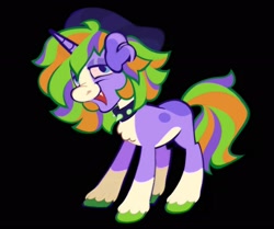 Size: 1971x1650 | Tagged: safe, artist:partyponypower, imported from derpibooru, oc, oc only, pony, unicorn, ambiguous gender, beanie, black background, blaze (coat marking), blue eyes, chest fluff, coat markings, collar, colored, colored belly, colored eartips, colored hooves, colored muzzle, colored sclera, curly mane, dog ears, eyeshadow, facial markings, fangs, flat colors, green hooves, hat, horn, lidded eyes, long mane, long tail, looking at you, makeup, multicolored mane, multicolored tail, no catchlights, oc name needed, open mouth, open smile, pale belly, pink sclera, purple coat, purple eyeshadow, requested art, simple background, smiling, smiling at you, socks (coat markings), solo, spiked collar, standing, tail, unicorn horn, unicorn oc, unshorn fetlocks