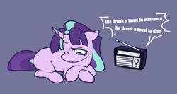 Size: 1843x982 | Tagged: safe, artist:partyponypower, imported from derpibooru, starlight glimmer, pony, unicorn, alternate universe, bangs, colored, crossed hooves, eyelashes, female, flat colors, floppy ears, frown, horn, lidded eyes, listening to music, lying down, mare, missing cutie mark, narrowed eyes, no catchlights, pink coat, ponytail, prone, purple background, purple eyes, radio, s5 starlight, sad, simple background, solo, tail, text, tied mane, two toned mane, two toned tail, unicorn horn