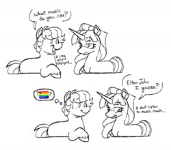 Size: 1356x1192 | Tagged: safe, artist:partyponypower, imported from derpibooru, double diamond, starlight glimmer, earth pony, pony, unicorn, 2 panel comic, alternate universe, black and white, blush scribble, blushing, comic, dot eyes, duo, duo male and female, eyebrows, eyebrows visible through hair, eyelashes, female, frown, gay pride flag, grayscale, horn, lidded eyes, long horn, long mane, looking at each other, looking at someone, looking back, male, monochrome, nose wrinkle, open mouth, open smile, ponytail, pride, pride flag, raised hoof, s5 starlight, short mane, sketch, smiling, smiling at someone, speech bubble, standing, sweat, sweatdrop, talking, text, tied mane, unicorn horn, unshorn fetlocks