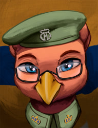 Size: 1000x1311 | Tagged: safe, artist:mrscroup, imported from derpibooru, oc, oc only, oc:karel everhard, griffon, equestria at war mod, bust, clothes, glasses, griffon oc, hat, military uniform, portrait, solo, uniform