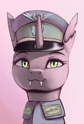 Size: 2052x3000 | Tagged: safe, artist:mrscroup, imported from derpibooru, oc, oc only, oc:actia pagala, changeling, equestria at war mod, bust, cap, changeling oc, clothes, fangs, hat, horn, military uniform, portrait, solo, uniform