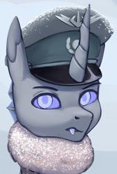 Size: 1892x2796 | Tagged: safe, artist:mrscroup, imported from derpibooru, oc, oc only, oc:epargy clarus, changeling, equestria at war mod, bust, cap, changeling oc, clothes, fangs, hat, horn, portrait, solo