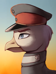 Size: 1599x2094 | Tagged: safe, artist:mrscroup, imported from derpibooru, oc, oc only, oc:cornelio galluzzo, griffon, equestria at war mod, bust, cap, clothes, griffon oc, hat, military uniform, portrait, solo, uniform