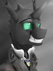 Size: 624x840 | Tagged: safe, artist:richmay, imported from derpibooru, oc, oc only, oc:larynx, changeling, equestria at war mod, bust, changeling oc, clothes, fangs, forced smile, horn, military uniform, portrait, smiling, solo, uniform