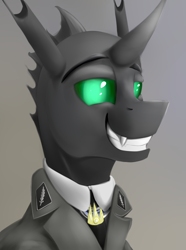 Size: 624x840 | Tagged: safe, artist:richmay, imported from derpibooru, oc, oc only, oc:larynx, changeling, equestria at war mod, bust, changeling oc, clothes, fangs, horn, military uniform, portrait, solo, uniform