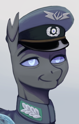 Size: 1814x2836 | Tagged: safe, artist:mrscroup, imported from derpibooru, oc, oc only, oc:limacus uptrich, changeling, equestria at war mod, bust, cap, changeling oc, clothes, hat, military uniform, portrait, solo, uniform, wings