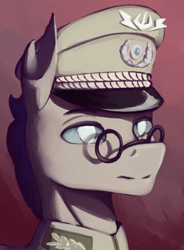 Size: 1982x2695 | Tagged: safe, artist:mrscroup, imported from derpibooru, oc, oc only, oc:lascor erebidae, changeling, equestria at war mod, bust, cap, changeling oc, clothes, glasses, hat, military uniform, portrait, solo, uniform