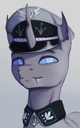 Size: 1796x2860 | Tagged: safe, artist:mrscroup, imported from derpibooru, oc, oc only, oc:hermis thysbe, changeling, equestria at war mod, bust, cap, changeling oc, clothes, hat, horn, military uniform, portrait, solo, uniform