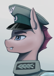 Size: 1856x2588 | Tagged: safe, artist:mrscroup, imported from derpibooru, oc, oc only, oc:narcys murx, changeling, equestria at war mod, bust, cap, changeling oc, clothes, fangs, hat, military uniform, portrait, solo, uniform