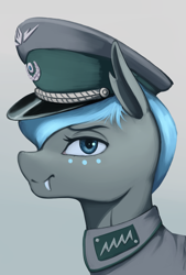 Size: 2029x3000 | Tagged: safe, imported from derpibooru, oc, oc only, oc:carolina phymata, changeling, equestria at war mod, bust, cap, changeling oc, clothes, fangs, hat, military uniform, portrait, solo, uniform