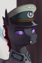 Size: 1422x2100 | Tagged: safe, artist:mrscroup, imported from derpibooru, pharynx, changeling, equestria at war mod, bust, cap, clothes, flag, hat, military uniform, portrait, solo, uniform