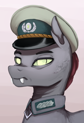 Size: 1536x2252 | Tagged: safe, artist:mrscroup, imported from derpibooru, oc, oc only, oc:cimex, changeling, equestria at war mod, bust, cap, changeling oc, clothes, fangs, hat, military uniform, portrait, solo, uniform
