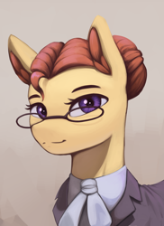 Size: 1348x1848 | Tagged: safe, artist:mrscroup, imported from derpibooru, oc, oc only, oc:sugarquill, pony, equestria at war mod, bust, clothes, ear fluff, glasses, hair bun, portrait, solo
