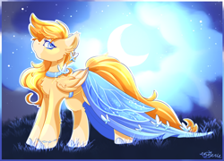 Size: 2467x1776 | Tagged: safe, artist:ezzerie, imported from derpibooru, oc, oc only, oc:sunmoth, butterfly, pegasus, pony, background, clothes, dress, female, gala dress, grass, jewelry, mare, moon, moonlight, solo, stars