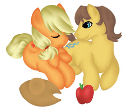 Size: 750x671 | Tagged: safe, artist:chioro, imported from ponybooru, applejack, caramel, earth pony, pony, apple, applejack's hat, carajack, clothes, cowboy hat, female, food, hat, male, mare, shipping, stallion, straight