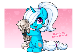 Size: 3213x2326 | Tagged: safe, artist:madelinne, imported from derpibooru, oc, oc only, oc:devilvoice, oc:pummela, original species, plush pony, unicorn, chibi, commission, duo, female, hair over one eye, horn, looking at you, plushie, ponytail, text, unicorn oc, ych result