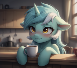 Size: 1280x1119 | Tagged: safe, imported from derpibooru, lyra heartstrings, pony, semi-anthro, unicorn, ai content, ai generated, beautiful, blurry background, blush lines, blushing, chair, chest fluff, coffee, coffee mug, cute, ear blush, ear fluff, eyebrows, eyebrows visible through hair, female, floppy ears, generator:bluefox mix, generator:stable diffusion, hoof fluff, hooves, horn, human shoulders, indoors, kitchen, lip bite, lyrabetes, mare, mug, prompter:adorablebluefox, sitting, smiling, solo