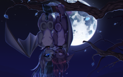 Size: 3200x2000 | Tagged: safe, artist:yuozka, imported from derpibooru, oc, oc:luny, oc:pestyskillengton, bat pony, couple, female, full moon, hanging, hanging upside down, lesbian, moon, night, sleeping, tree branch, upside down