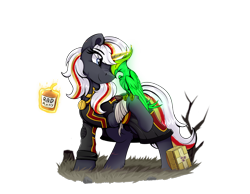 Size: 6200x4800 | Tagged: safe, artist:singovih, imported from derpibooru, oc, oc only, oc:pyrelight, oc:velvet remedy, balefire phoenix, phoenix, pony, unicorn, fallout equestria, bag, clothes, dead tree, female, horn, magic, mare, medical saddlebag, simple background, smiling, solo, telekinesis, transparent background, tree