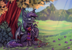 Size: 2855x1963 | Tagged: safe, artist:lonerdemiurge_nail, imported from derpibooru, oc, bat pony, pony, clothes, glasses, scarf, scenery, sitting, solo, tree