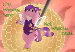 Size: 3258x2291 | Tagged: safe, artist:lupin quill, imported from derpibooru, pipp petals, bee, bee pony, insect, original species, pony, alternate hairstyle, armpits, bedroom eyes, beelzebub (helluva boss), belly button, bumblebipp, chubby, clothes, cosplay, costume, crossover, disco ball, fupa, g5, helluva boss, lying down, neck fluff, on back, pipp is chubby, solo, song reference, species swap, transparent wings, wide hips, wings