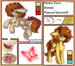 Size: 2500x2200 | Tagged: safe, artist:yuris, imported from derpibooru, oc, oc only, oc:yuris, pegasus, pony, werewolf, cutie mark, female, floppy ears, glasses, looking at you, open mouth, paws, reference sheet, smiling, solo