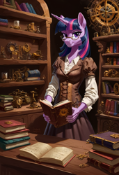 Size: 3328x4864 | Tagged: safe, imported from derpibooru, twilight sparkle, anthro, unicorn, absurd resolution, ai content, ai generated, book, bookshelf, generator:stable diffusion, glasses, prompter:lunarusnexus, solo, steampunk, unicorn twilight